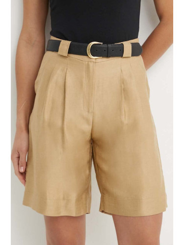 Къс панталон с лен La Petite Française SAVOUREUX в бежово с изчистен дизайн с висока талия
