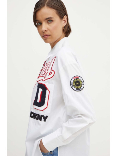 Памучна риза Dkny HEART OF NY дамска в бяло със свободна кройка с класическа яка D2B4A106