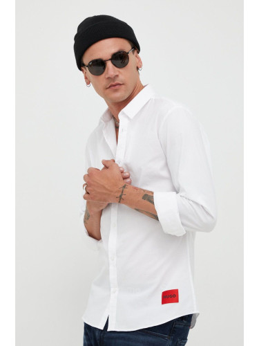 Риза HUGO мъжка в бяло с кройка по тялото класическа яка 50475687