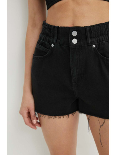 Дънков къс панталон от памук AllSaints HAILEY DENIM SHORT в черно с изчистен дизайн с висока талия W075EA