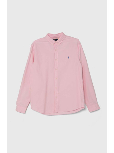Памучна риза Polo Ralph Lauren мъжка в розово с кройка по тялото яка копче 710804257