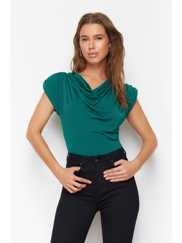 Trendyol Emerald Green Degaje Collar Padded Sandy Stretch Knitted Blouse