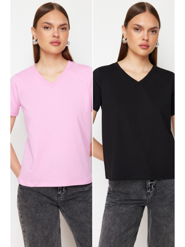 Trendyol Black-Pink 100% Cotton 2-Pack Basic V-Neck Knitted T-Shirt