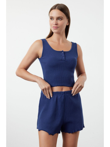 Trendyol Indigo Button Detailed Corded Cotton Undershirt-Shorts Knitted Pajama Set