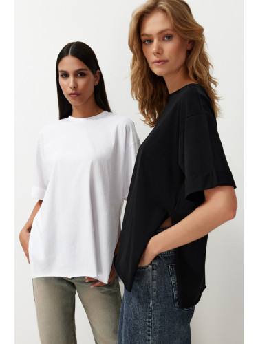 Trendyol Black-White 2 Pack Double Sleeve Oversize/Wide Cut Asymmetric Knitted T-Shirt