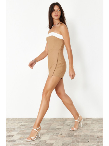 Trendyol Brown Strapless Color Blocked Mini Woven Shorts Jumpsuit