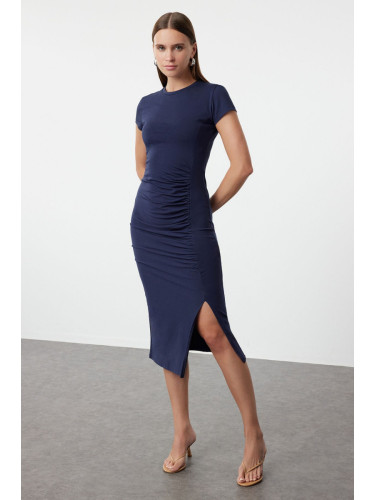Trendyol navy blue Fitted Gathering and Slit Midi Cotton Stretchy Knitted Dress