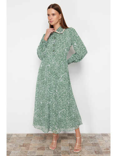 Trendyol Green Floral Neck Detailed Lined Chiffon Woven Dress