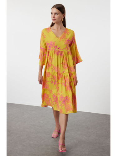 Trendyol Yellow Floral Patterned Wide Cut V-Neck Woven Dress Woven Dress