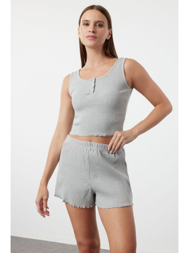 Trendyol Gray Melange Button Detailed Corded Cotton Undershirt-Shorts Knitted Pajama Set