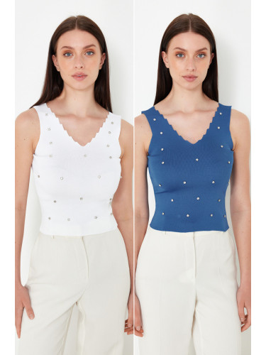 Trendyol White-Indigo Stone Embroidered Double Pack Knitwear Blouse