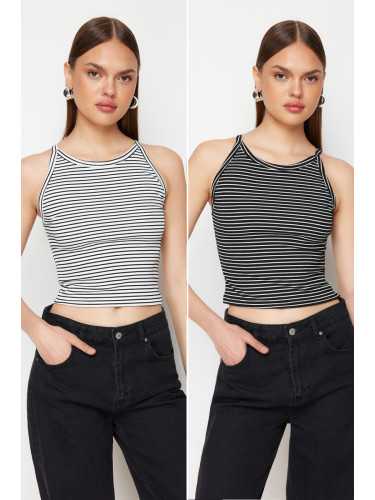 Trendyol Black-White 2-Pack Striped Strap Corded Knitted Undershirt