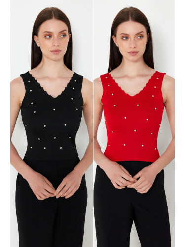 Trendyol Black-Red Stone Embroidered Double Pack Knitwear Blouse