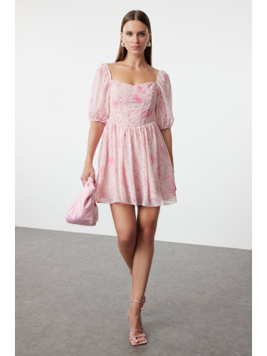 Trendyol Pink Floral Patterned Mini Woven Dress with Corset Detailed Skirt Opening at the Waist