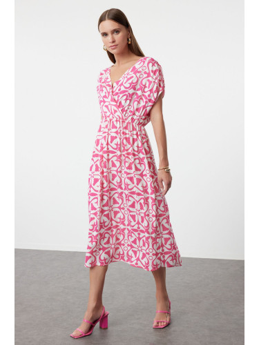 Trendyol Pink Patterned A-Line Double Breasted Neck Midi Viscose Woven Dress