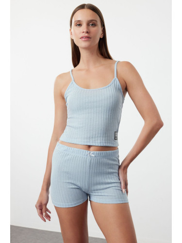 Trendyol Light Blue Ribbon and Label Detailed Fitted Camisole Knitted Pajama Set