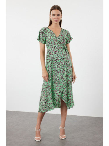 Trendyol Green Floral Double Breasted Neck Viscose Woven Dress