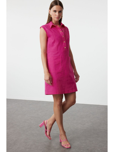 Trendyol Fuchsia Straight Cut Pocketed Shirt Collar Linen Look Mini Woven Dress