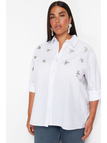 Trendyol Curve White Large Size Stone Embroidered Poplin Woven Shirt