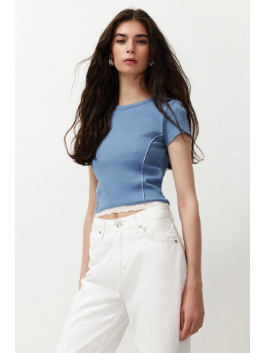 Trendyol Light Blue Fitted Body-Fitted Cotton Stretch Knitted Blouse with Stitching Detail