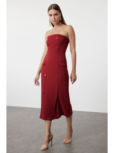 Trendyol Red Straight Cut Button Detail Strapless Midi Woven Dress