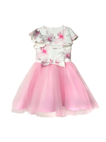 Детска рокля с къс ръкав на цветя и тюл в розово
