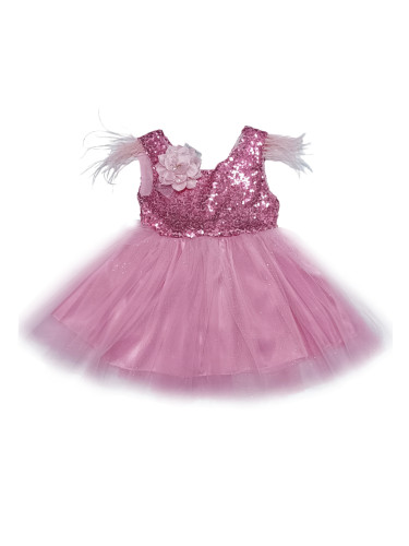 Детска официална рокля Даймънд в розово с пайети и тюл и щипка за коса