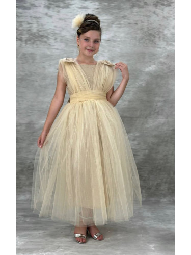 Официална дълга детска рокля в златисто с тюл Малисия