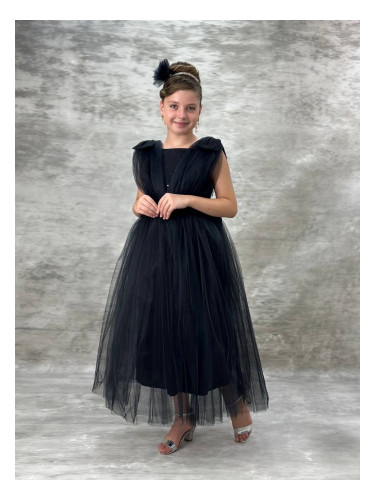 Официална дълга детска рокля в черно с тюл Малисия