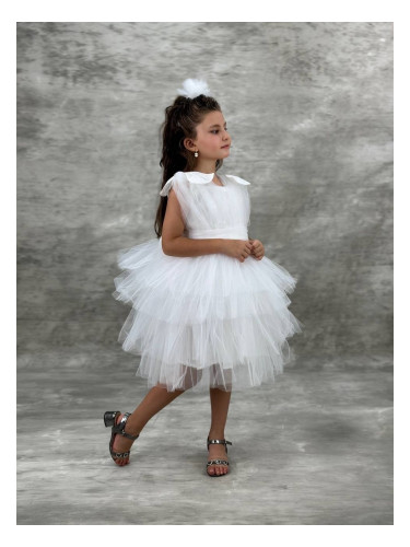 Официална къса детска рокля в бяло с тюл Малисия