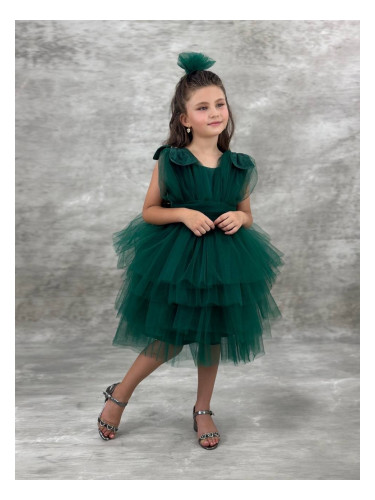 Официална къса детска рокля в зелено с тюл Малисия