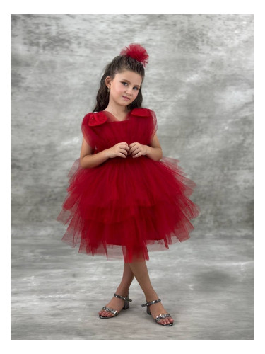 Официална къса детска рокля в червено с тюл Малисия
