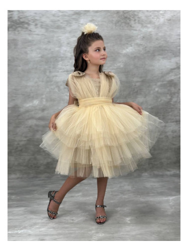Официална къса детска рокля в златисто с тюл Малисия