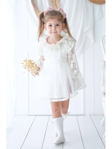 Официална бебешка/детска рокля в бяло с дантелени ръкави Ребека
