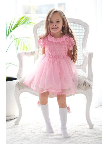 Официална бебешка/детска рокля с дантела в розово с къс ръкав 
