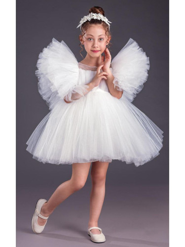 Официална детска къса рокля с тюл в бяло Луиза