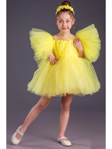 Официална детска къса рокля с тюл в жълто Луиза