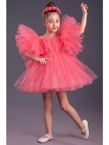 Официална детска къса рокля с тюл в цвят диня с Луиза с диадема