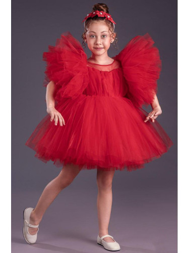Официална детска къса рокля с тюл в червено с Луиза
