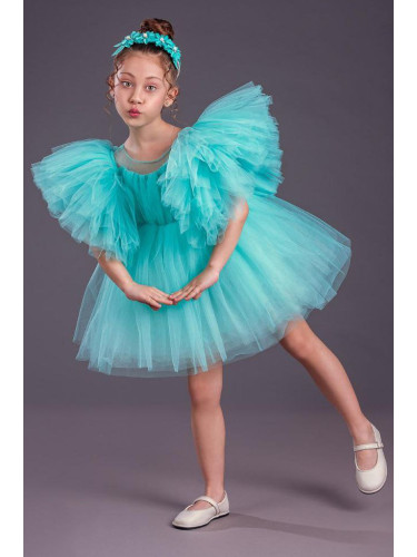 Официална детска къса рокля с тюл в тюркоаз Луиза с диадема