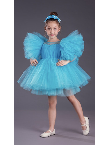 Официална детска къса рокля с тюл в синьо Луиза с диадема