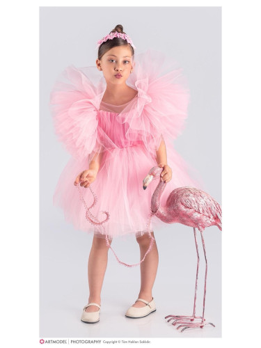 Официална детска къса рокля с тюл в розово с Луиза с диадема