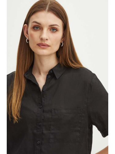 Ленена риза Medicine дамска в черно със свободна кройка с класическа яка