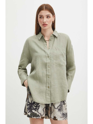 Ленена риза Medicine дамска в зелено със свободна кройка с класическа яка