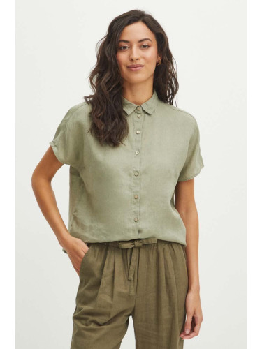 Ленена риза Medicine дамска в зелено със стандартна кройка с класическа яка