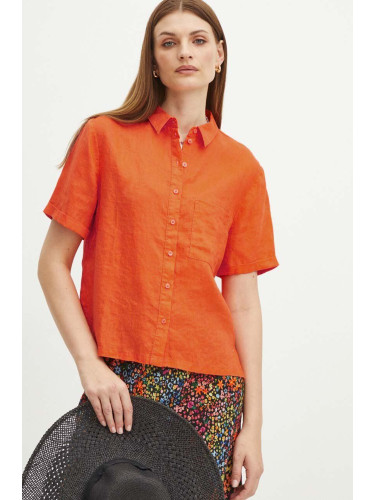 Ленена риза Medicine дамска в оранжево със свободна кройка с класическа яка
