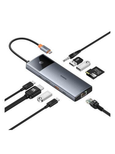 Докинг станция Baseus Metal Gleam II Series 10-in-1 Hub (B00061800813-00), от USB C към 1x USB-C (PD), 1x USB-C, 3x USB-A, 1x HDMI, 1x AUX, 1x RJ45, 1x SD/MicroSD четец, сива
