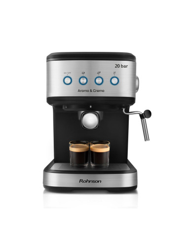 Кафемашина еспресо Rohnson R-98025, 1100W, 20 bar, 1.5 л. обем на резервоара за вода, двоен филтър от неръждаема стомана, черна
