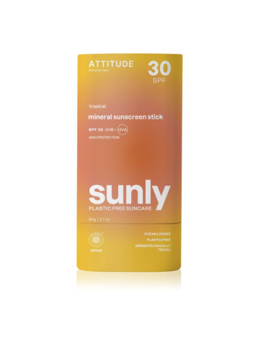 Attitude Sunly Sunscreen Stick слънцезащитен минерален крем в стик SPF 30 Tropical 60 гр.