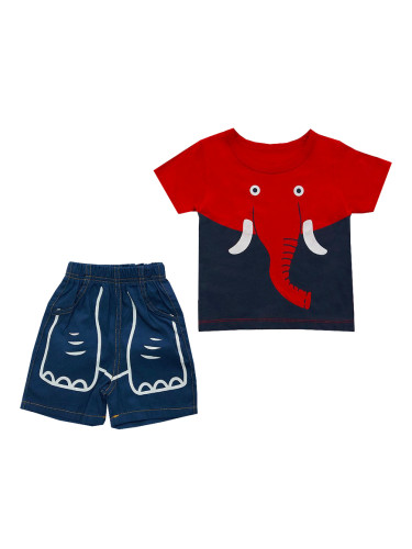 Комплект за момче от къси панталонки и блузка със слонче в червено